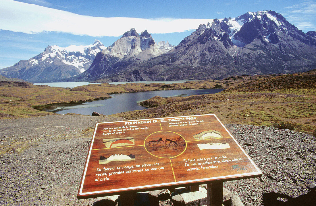 Information board in Torres del Paine National Park. Cuernos del Paine at the rear. Magallanes XIIth region. Chile.