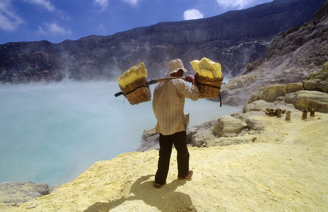 Miner with heavy load of yellow elemental sulphur collected from within the active crater of Volcano Ijen, eastern Java, Indonesia