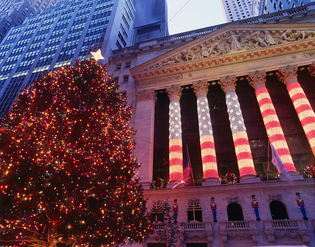 Holiday decorations in front of and on the New York Stock Exchange building. New York City. USA