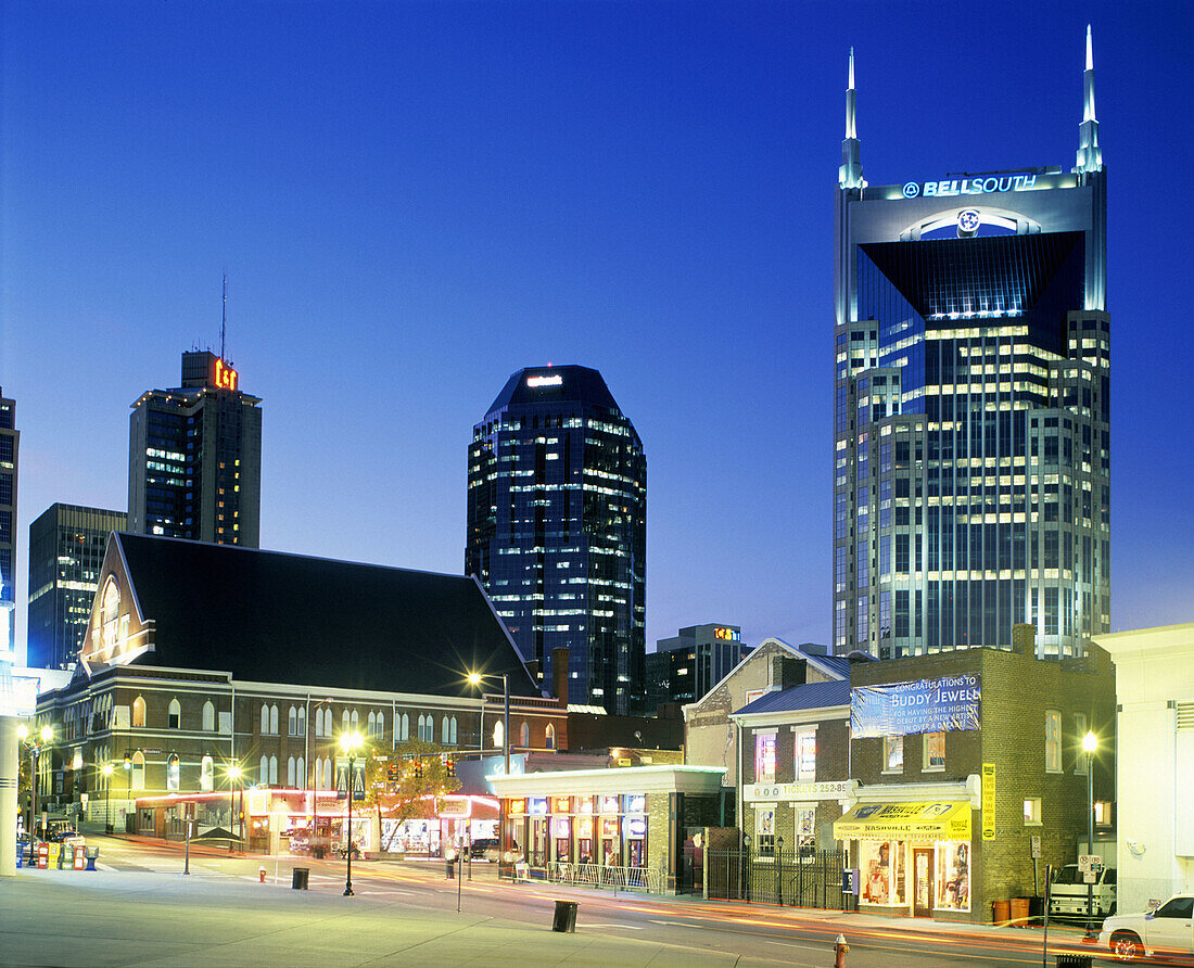 Ryman Auditorium and Lower Broadway. Nashville. Tennessee, USA