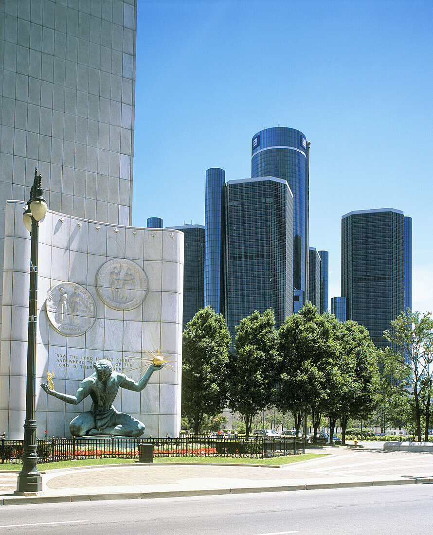 Spirit of Detroit statue and Renaissance Center in downtown Detroit. Michigan. USA