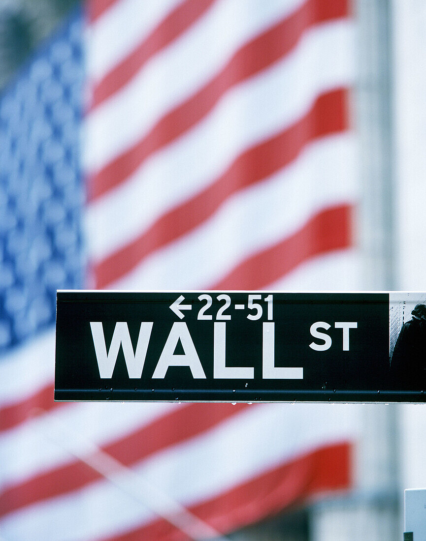 Wall Street sign, financial district. Manhattan, New York City. USA
