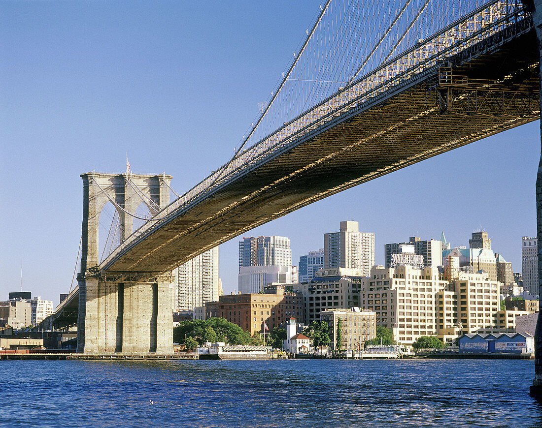 Brooklyn Bridge and downtown. East River, Brooklyn, New York City. USA