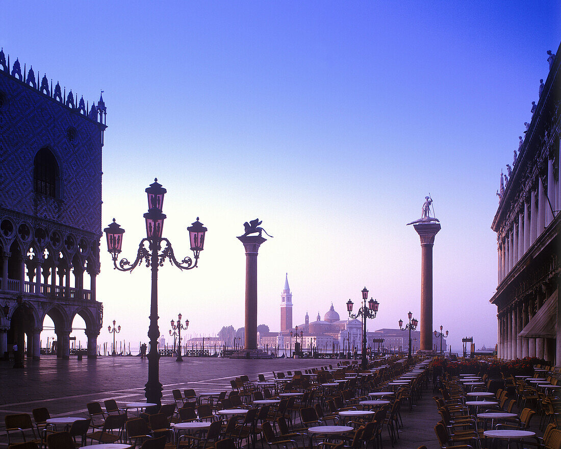 Cafe tables, Piazetta & isola di san giorgio maggiore, Venice, Italy.