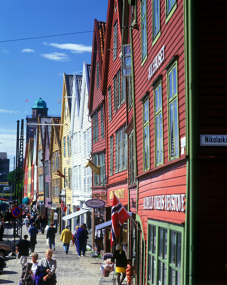 Street scene, Shops, hanseatic wharf, Bryggen, Bergen, Norway.