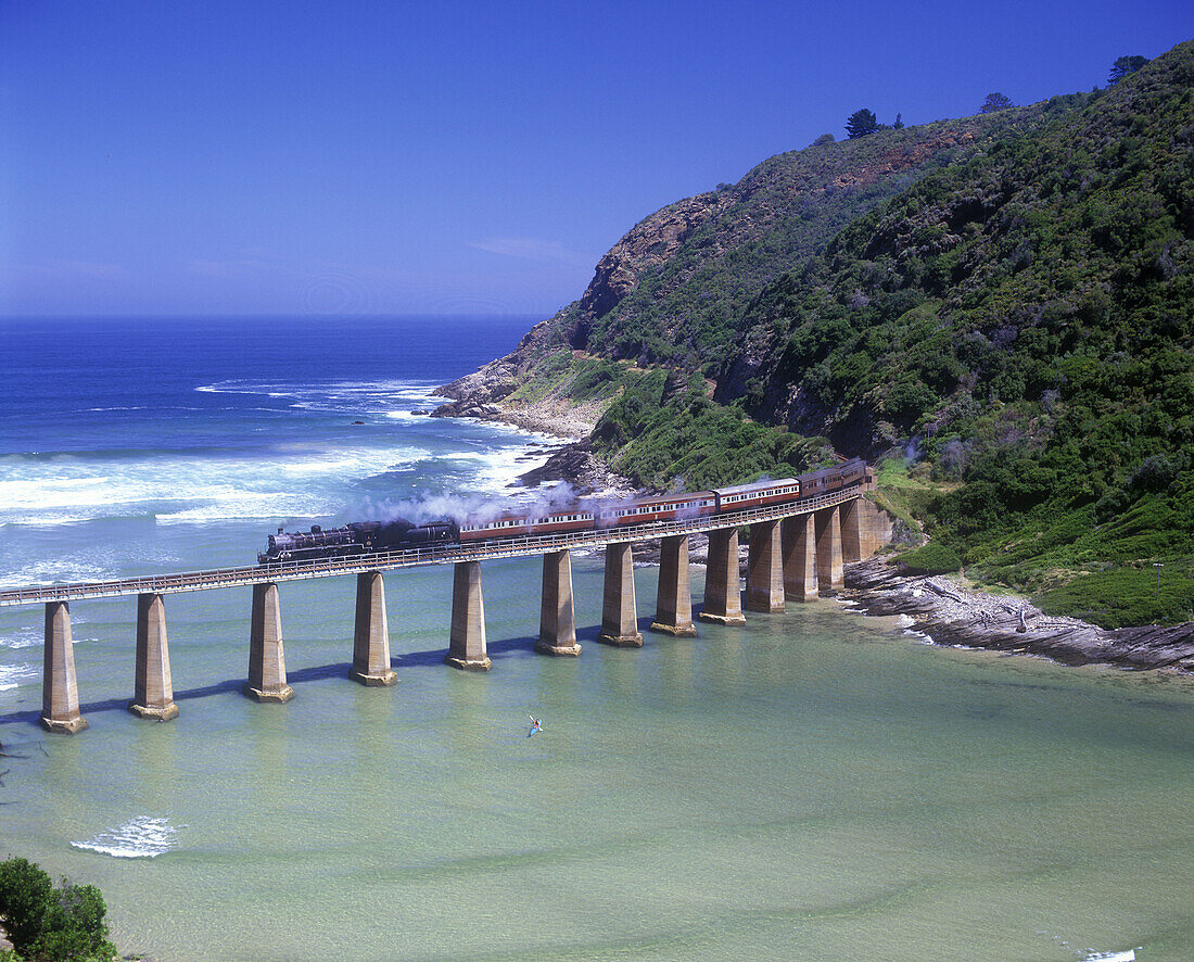 Scenic outeniqua choo- tjoe train, kaaimans river, garden route coastline, South africa.