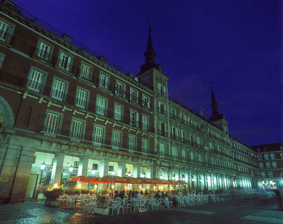 Street scene, Cafes, Plaza mayor, Madrid, Spain.