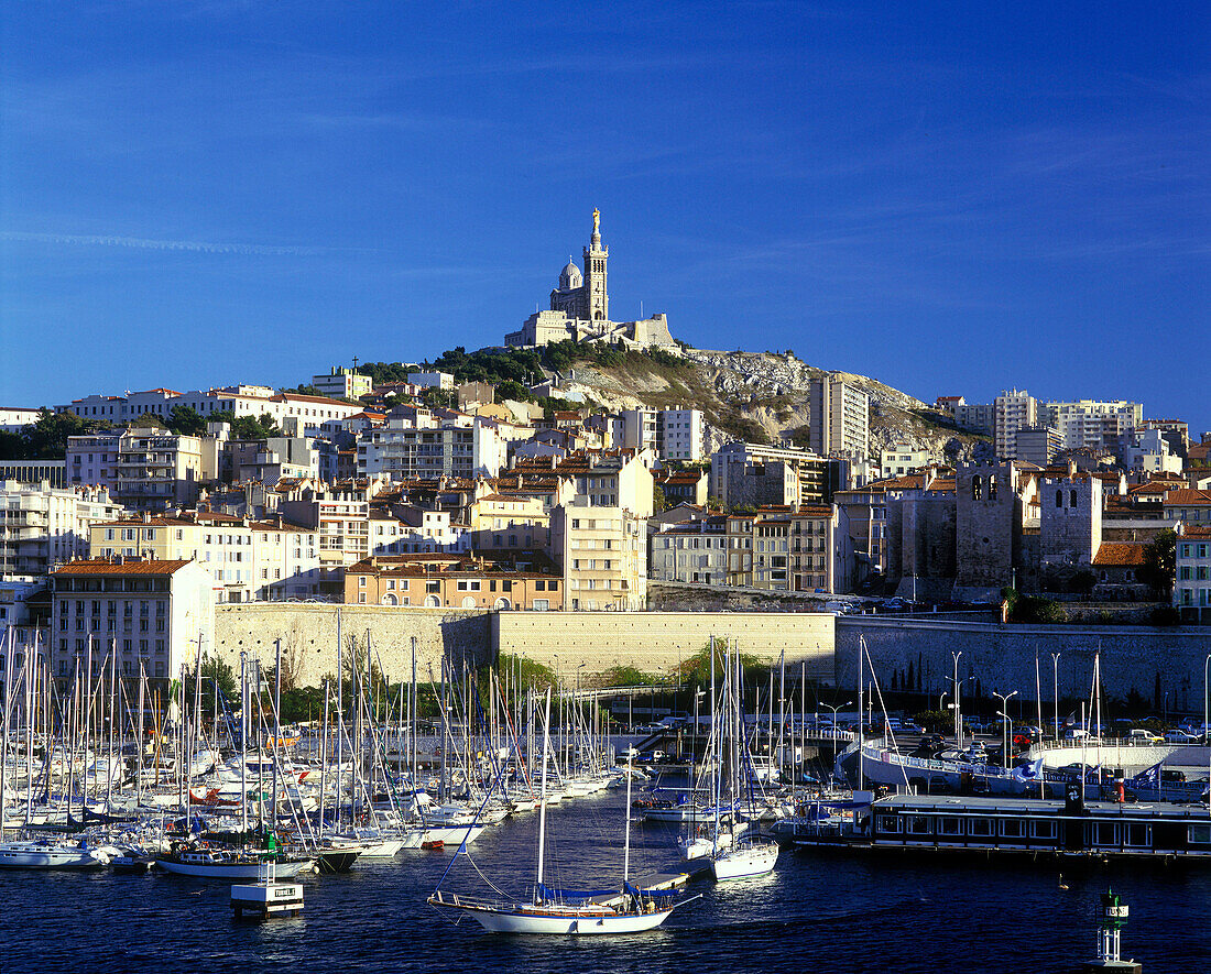 Old port & cathedral, Marseilles, France.