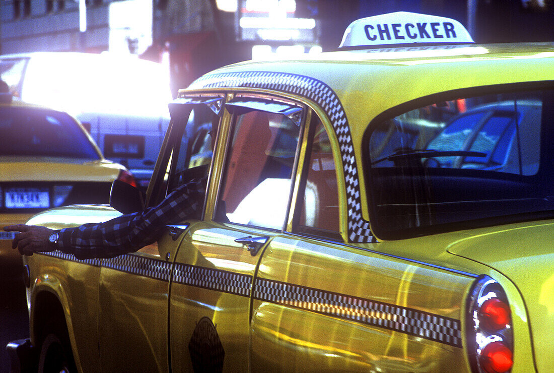 Classic checker taxi, 7th Avenue, Midtown, Manhattan, New York, USA