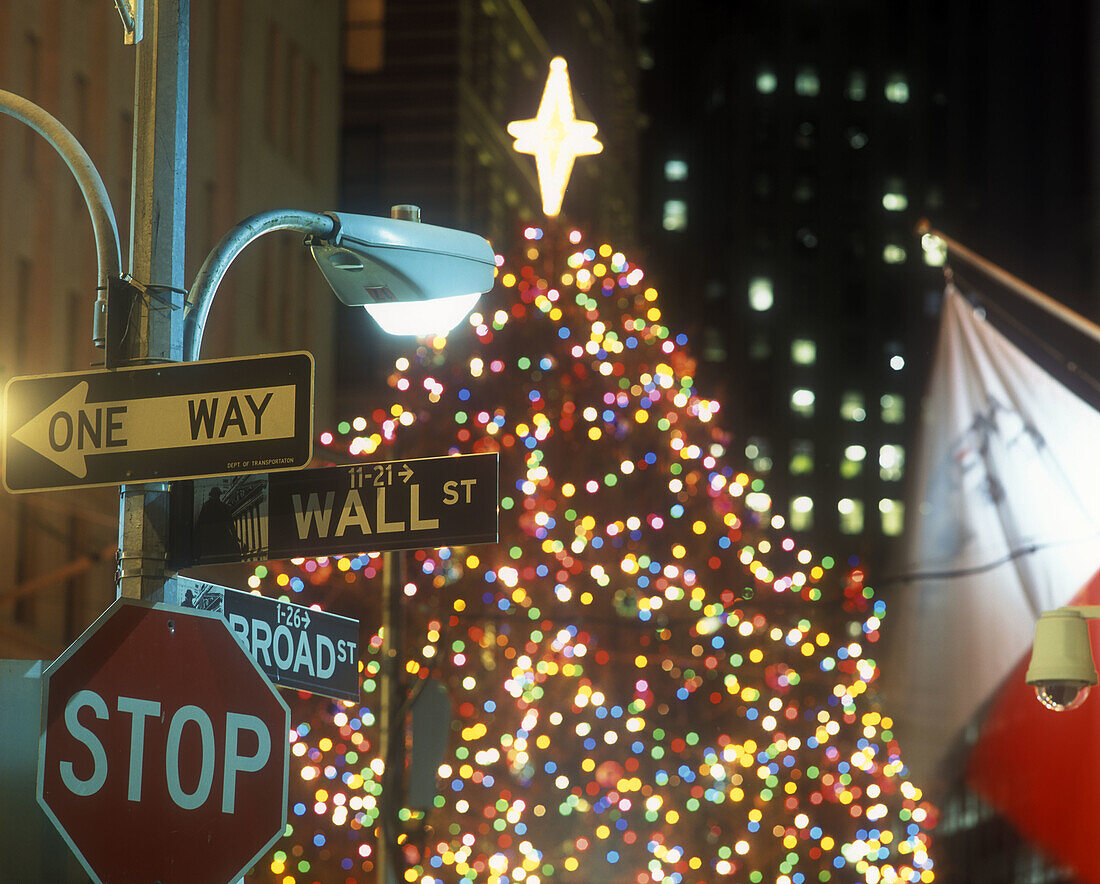 Christmas tree, Wall Street sign, Financial district, Manhattan, New York, Usa
