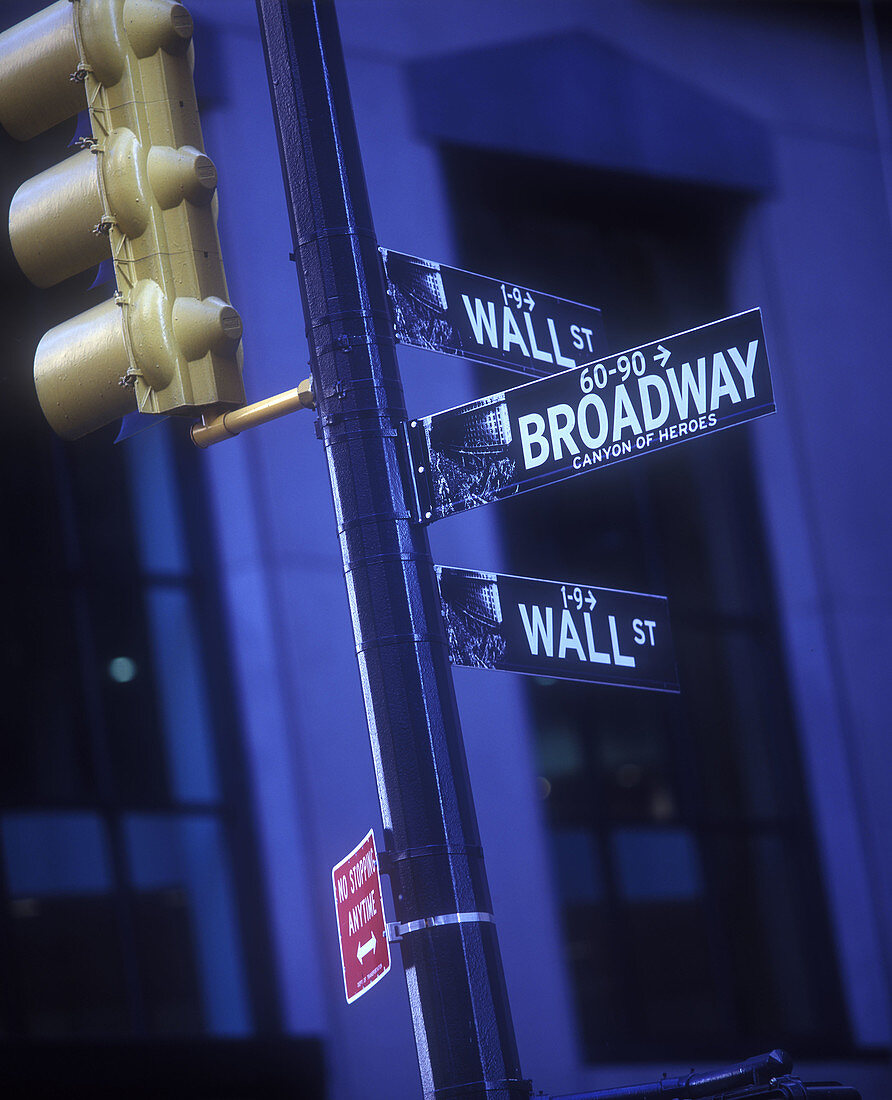 Wall Street broadway signs, Financial district, Manhattan, New York, USA