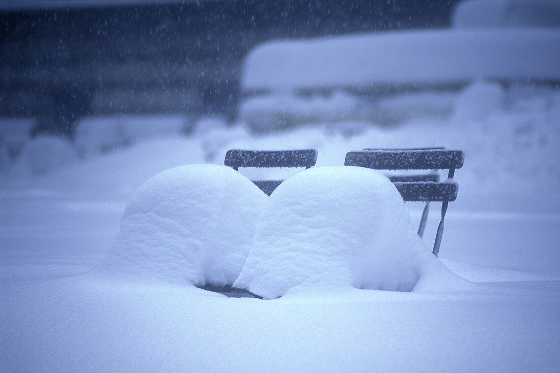 Snow on seats, Bryant Park, Midtown, Manhattan, New York, USA