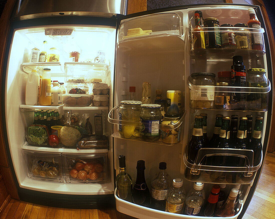 Refridgerator full of food.