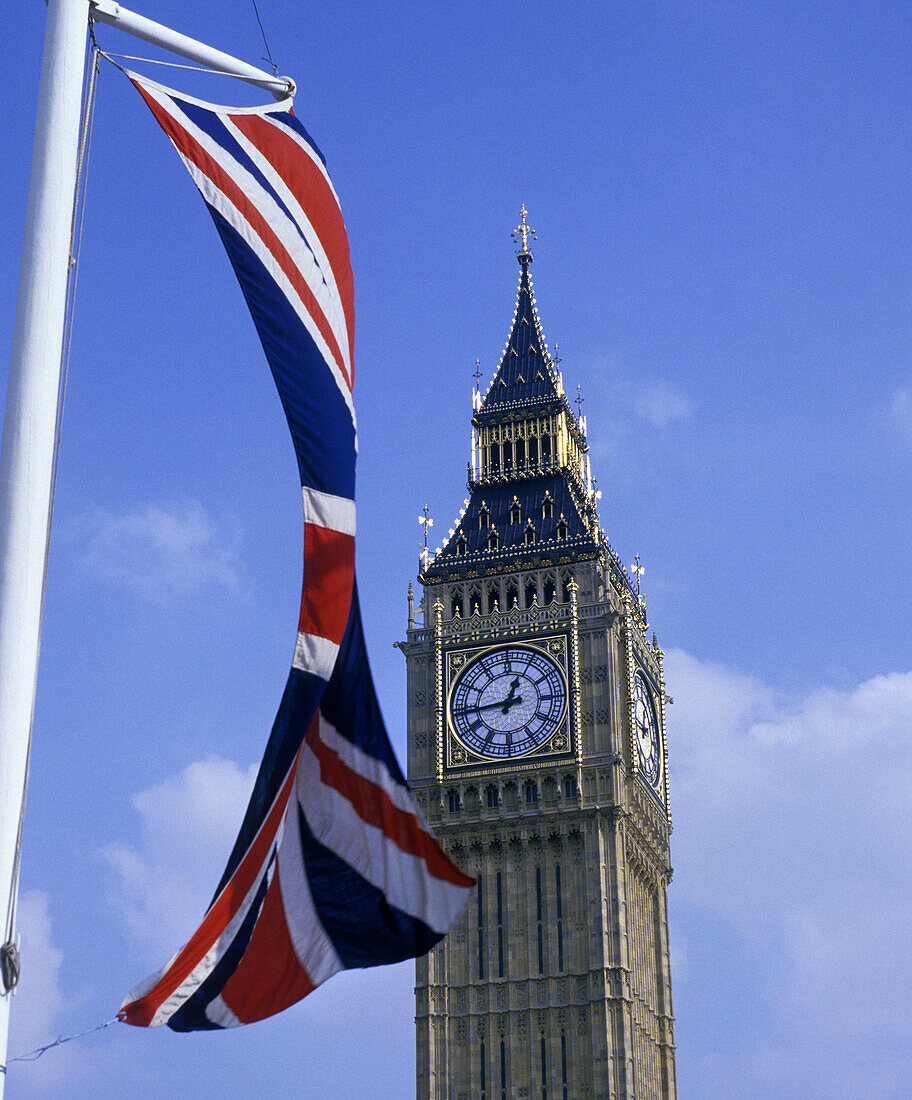 Union Jack (UK) flag, Big Ben, Parliament Square, London, England, UK