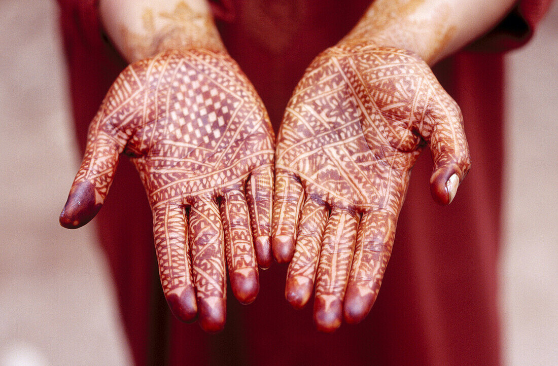 Hands painted with henna. Ouarzazate, valley of the Draa River, Morocco