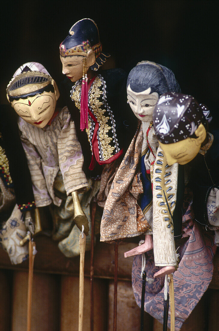 Javanese three-dimensional wooden puppets used in Wayang Golek (classical puppet drama). Yogyakarta. Java. Indonesia