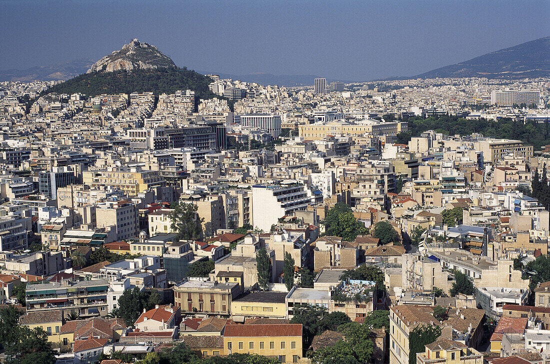Lykavittos Hill as seen from the Acropolis, Plaka overview, Athens. Greece