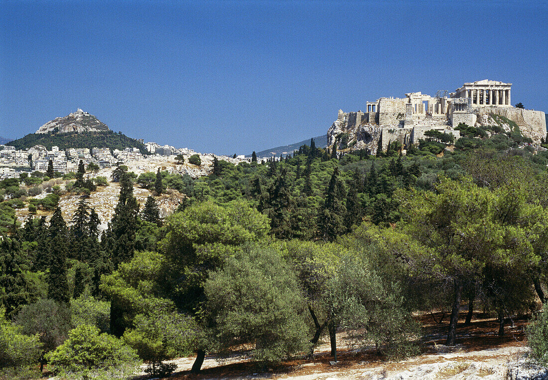Lykavittos Hill and the Acropolis, Plaka overview, Athens. Greece.