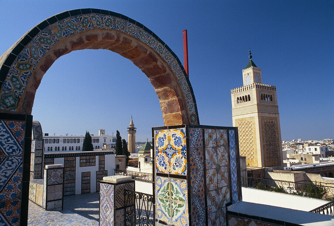 Overview from oriental palace flat roof with Zitouna mosque minaret (the Great Mosque), Tunis. Tunisia