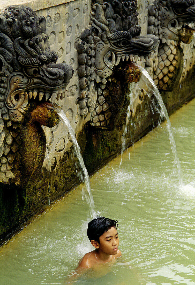 Air Panas Banjar hot springs, carved stone nagas (mythical snakelike creatures). Bali Island, Indonesia