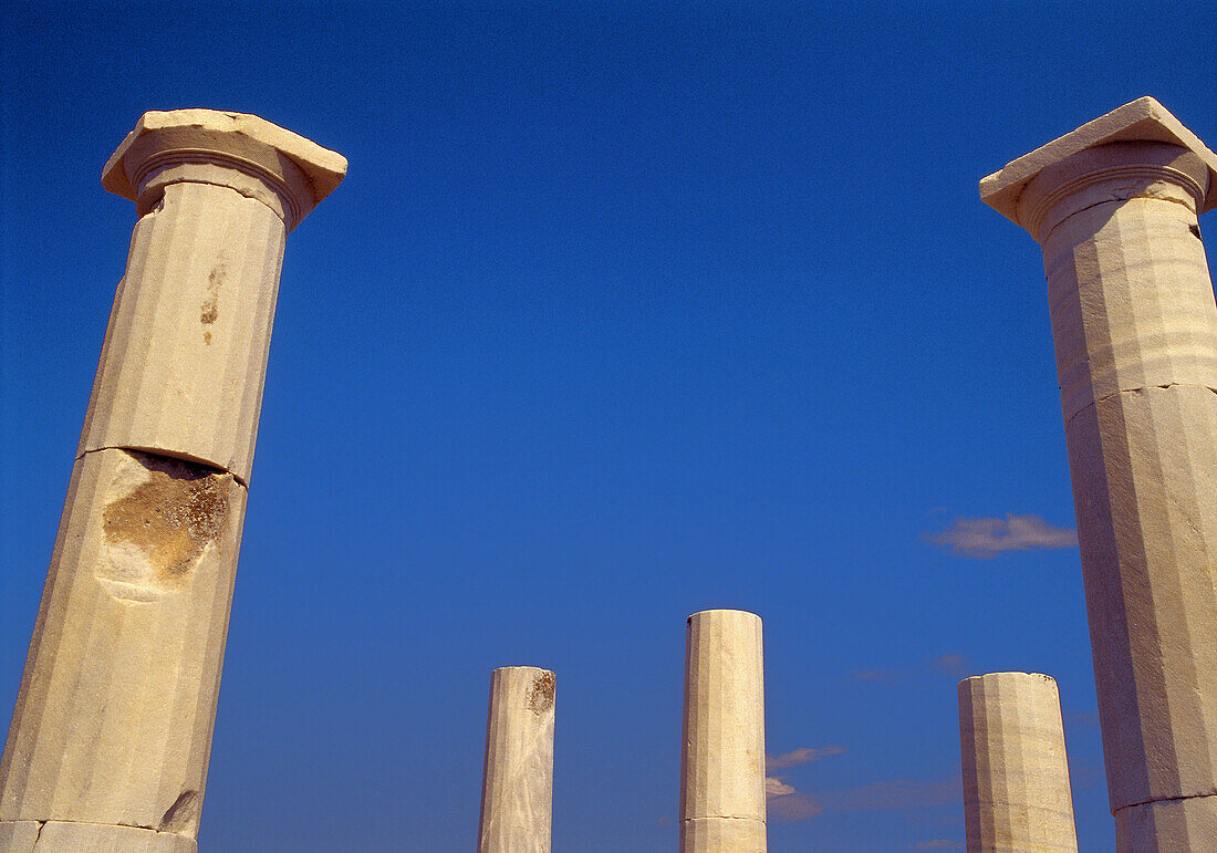 Jupiter temple ruins and harbour at rear. Delos, Cyclades Islands. Greece