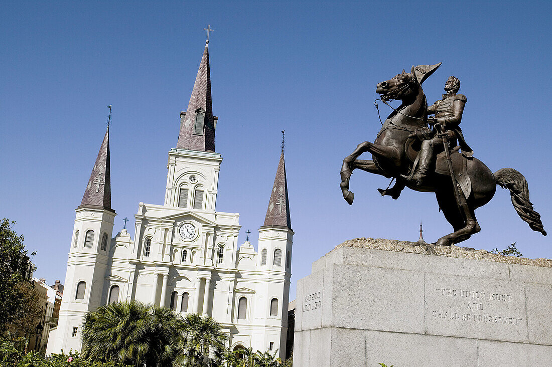 St. Louis Cathedral and General Jackson statue. Jackson Square, New Orleans. Louisiana. USA
