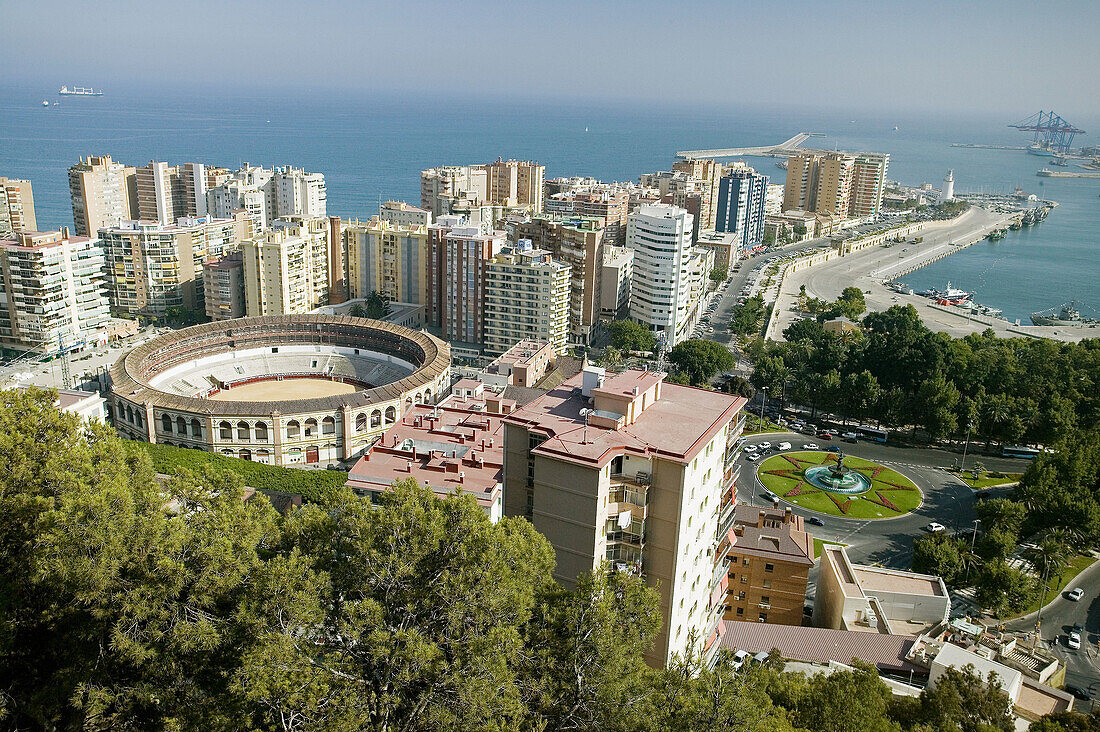 Bullring and port, Málaga. Costa del Sol, Andalusia, Spain