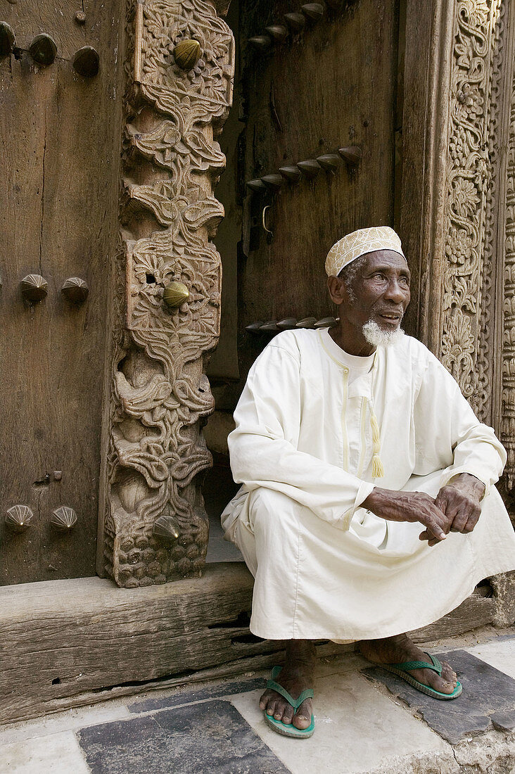 Traditional carved wooden door in Stone Town. Zanzibar Island. Tanzania