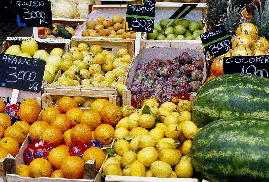 Vegetable stall in market, Trastevere, Rome. Lazio, Italy