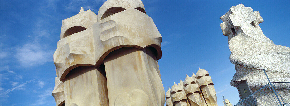 Detail of chimneys at roof terrace of Milà House (aka La Pedrera 1906-1912 by Gaudí). Barcelona. Spain