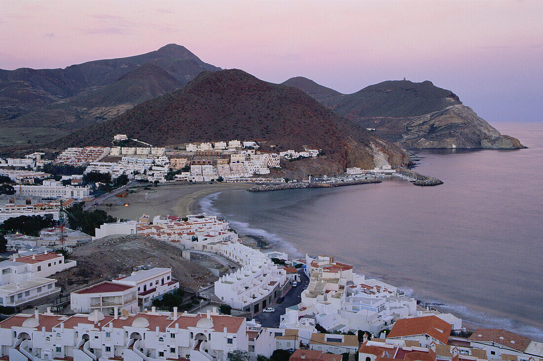 San José de Níjar resort in the Cabo de Gata-Nijar Biosphere Reserve at dusk. Almería province, Andalusia, Spain