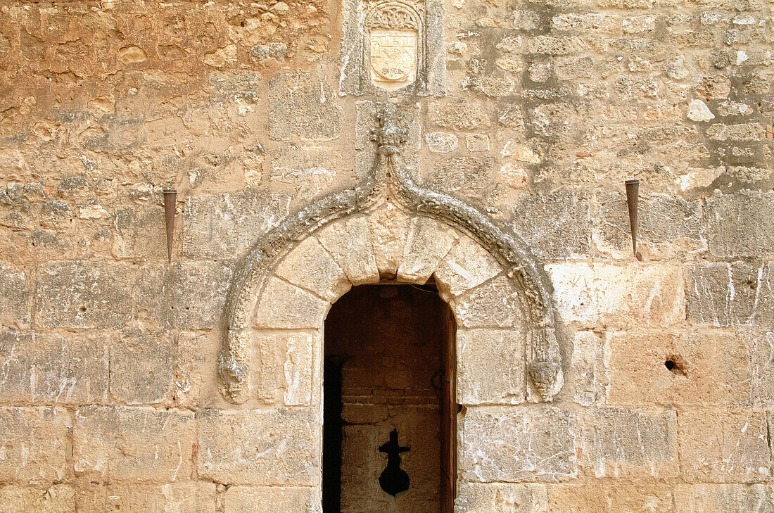 Entrance to tower, Castle of the Counts of Niebla, an old Moorish alcázar . Huelva province, Andalusia, Spain