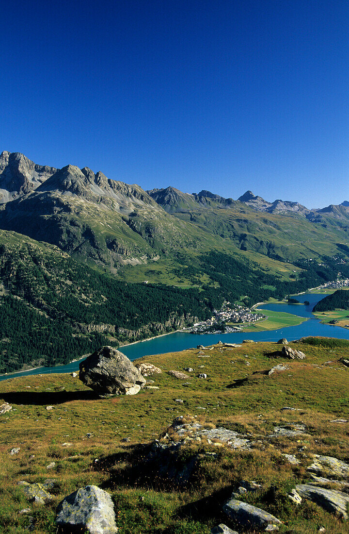 View over Lake Silvaplaner and Lake Champfer, Engadin, Grisons, Switzerland