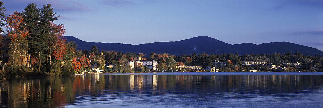 Fall foliage, Mirror Lake, Lake Placid, Adirondack Park, New York, USA