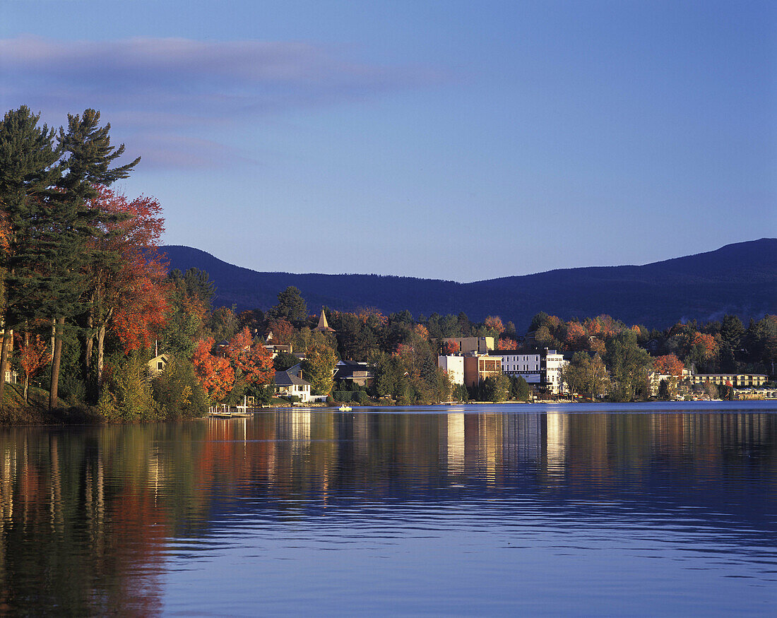 Fall foliage, Mirror Lake, Lake Placid, Adirondack Park, New York, USA