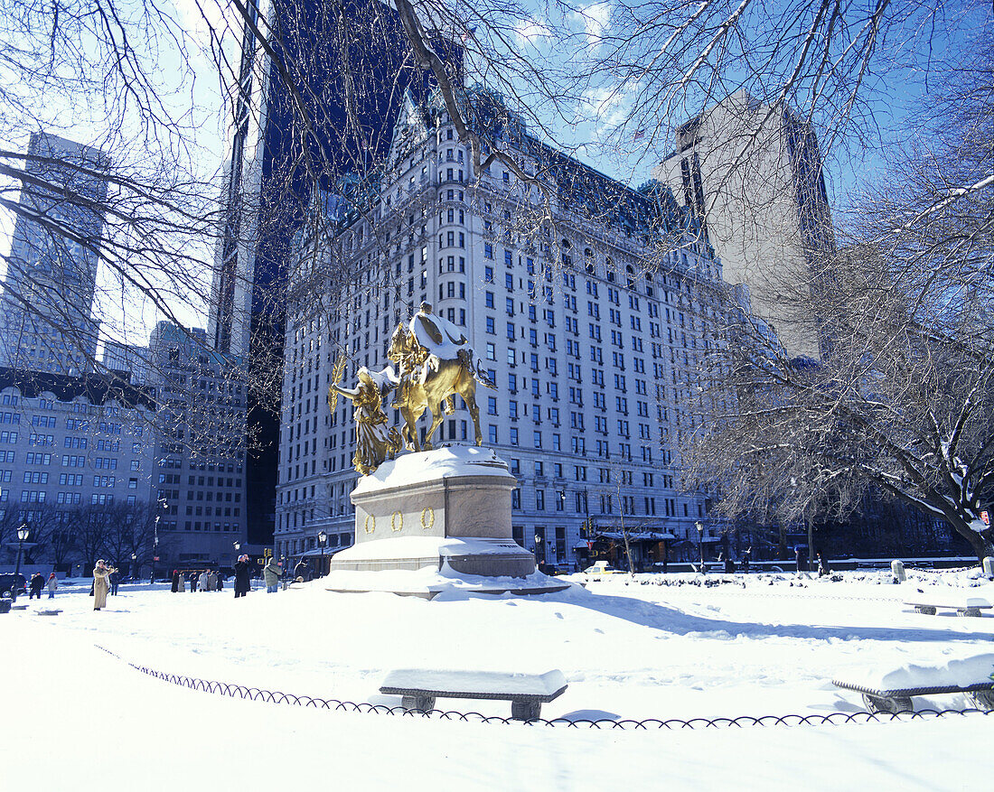 Snow, Grand army plaza, Plaza hotel, Fifth Avenue, Manhattan, New York, USA
