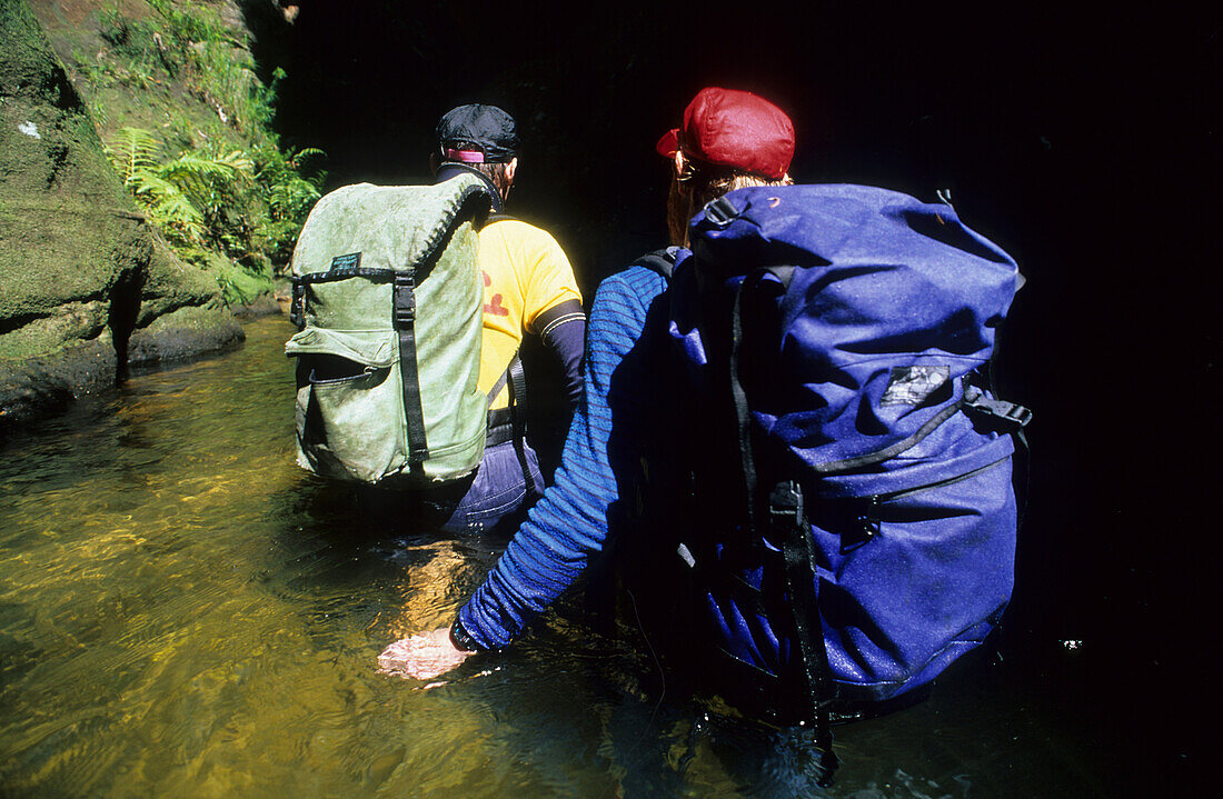 Two men canyoning in Fortress Creek Canyon, Blue Mountains National Park, New South Wales, Australia