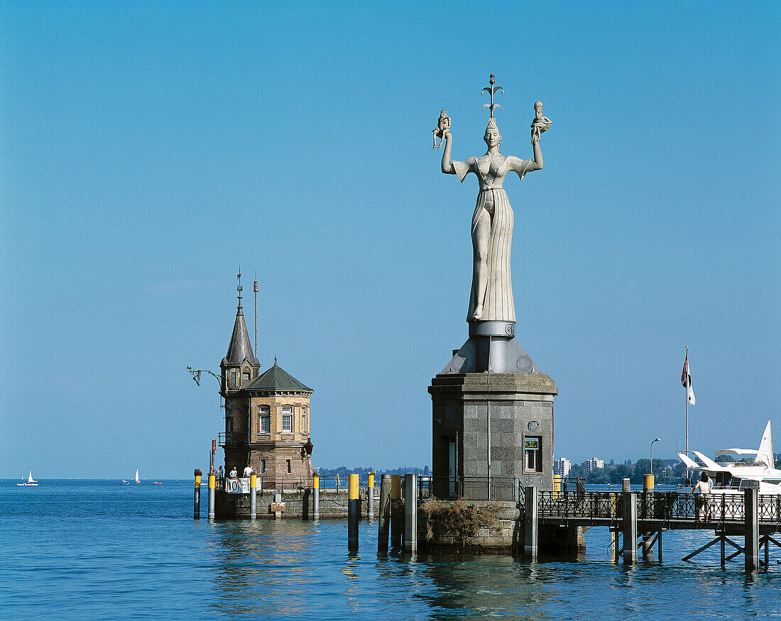 Imperia statue (by Peter Lenk) on a small house for water lever observations, Constance, Lake Constance, Baden-Württemberg, Germany