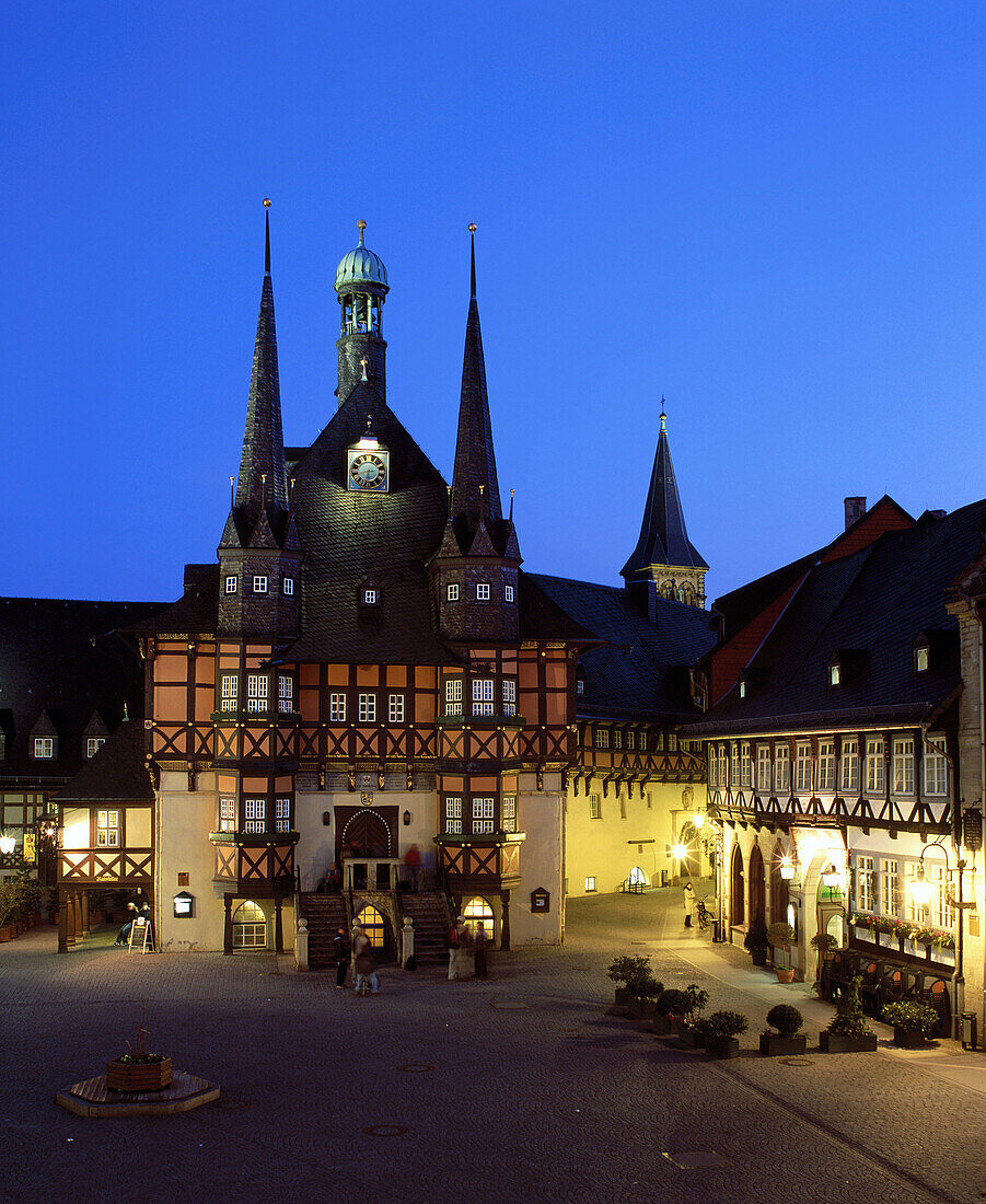 City Hall and Hotel Gothic House at night. Wernigerode, Saxony-Anhalt. Germany