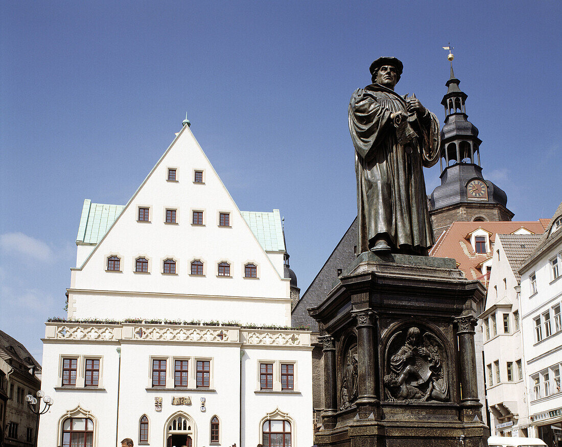 Germany, Lutherstadt Eisleben, Harz Foreland, Saxony-Anhalt, city hall, Gothic, Martin Luther monument