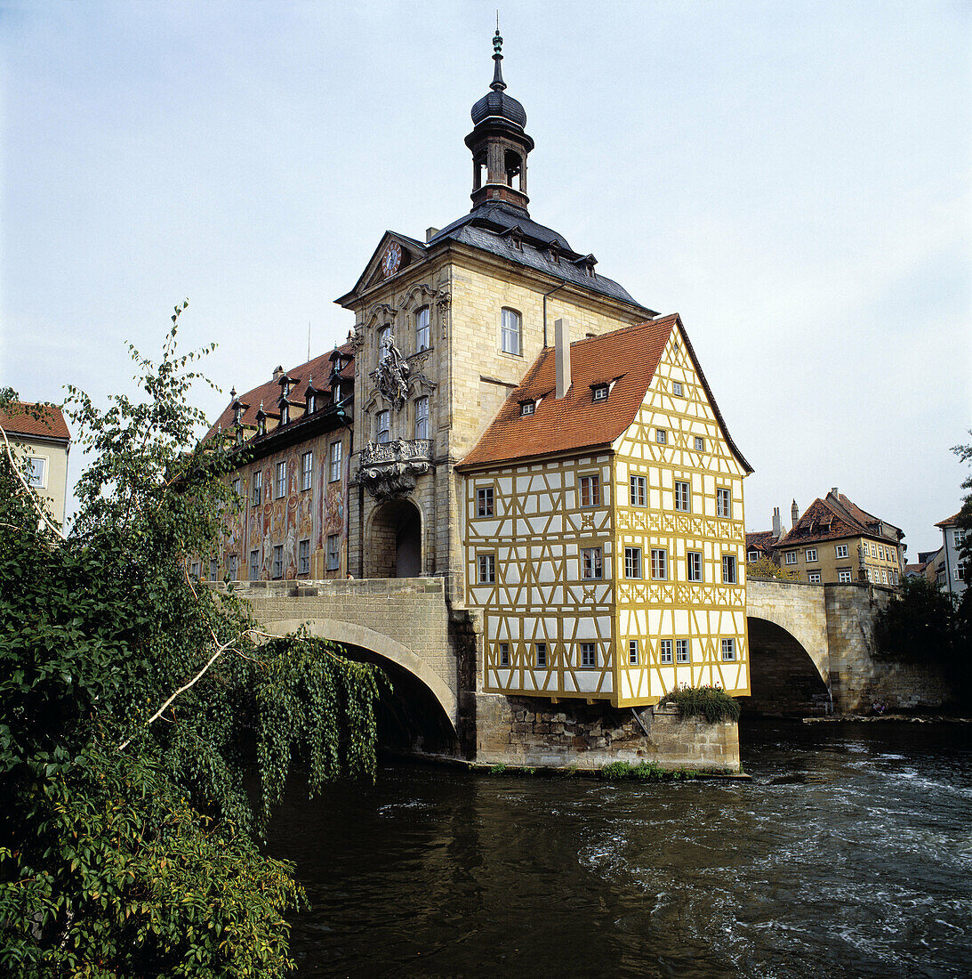 Germany, Bavaria, Bamberg, City Hall on a bridge over Regnitz river