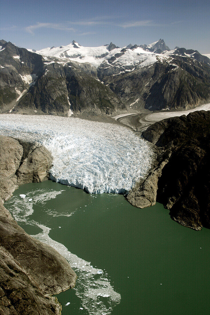 Aerial view of the Le Conte and Patterson Glacier, the Stikine Ice Field, and the mountains surrounding the town of Petersburg, Southeast Alaska, USA.