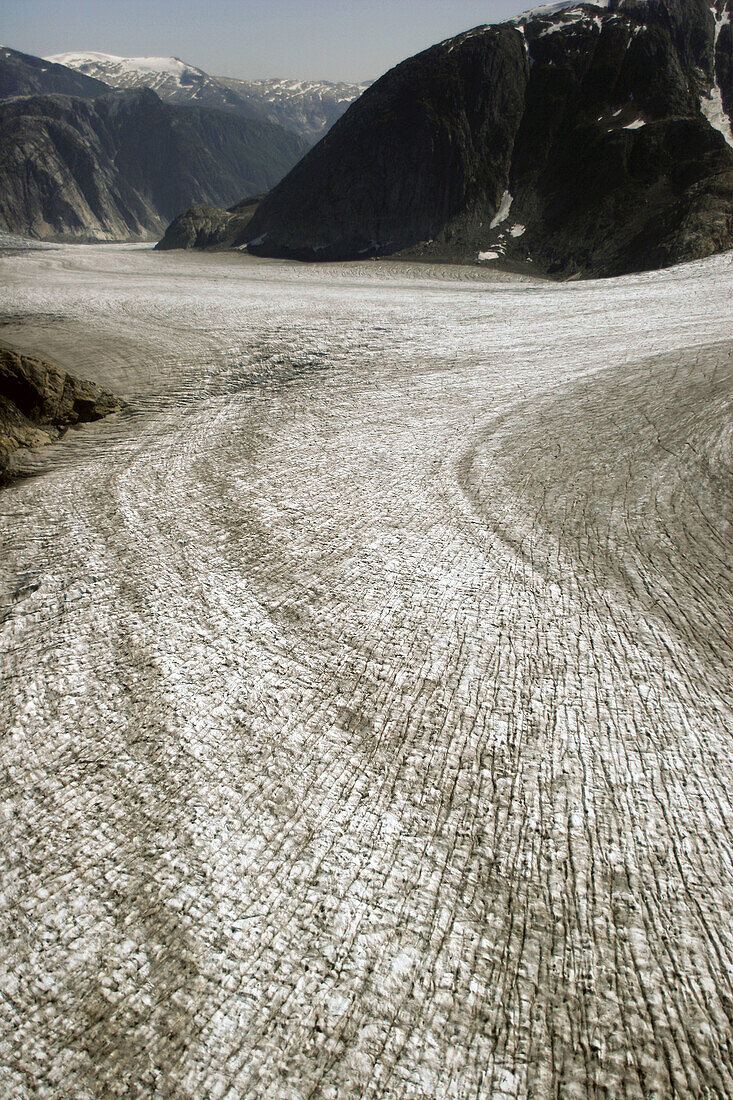 Aerial view of the Le Conte and Patterson Glacier, the Stikine Ice Field, and the mountains surrounding the town of Petersburg, Southeast Alaska, USA.