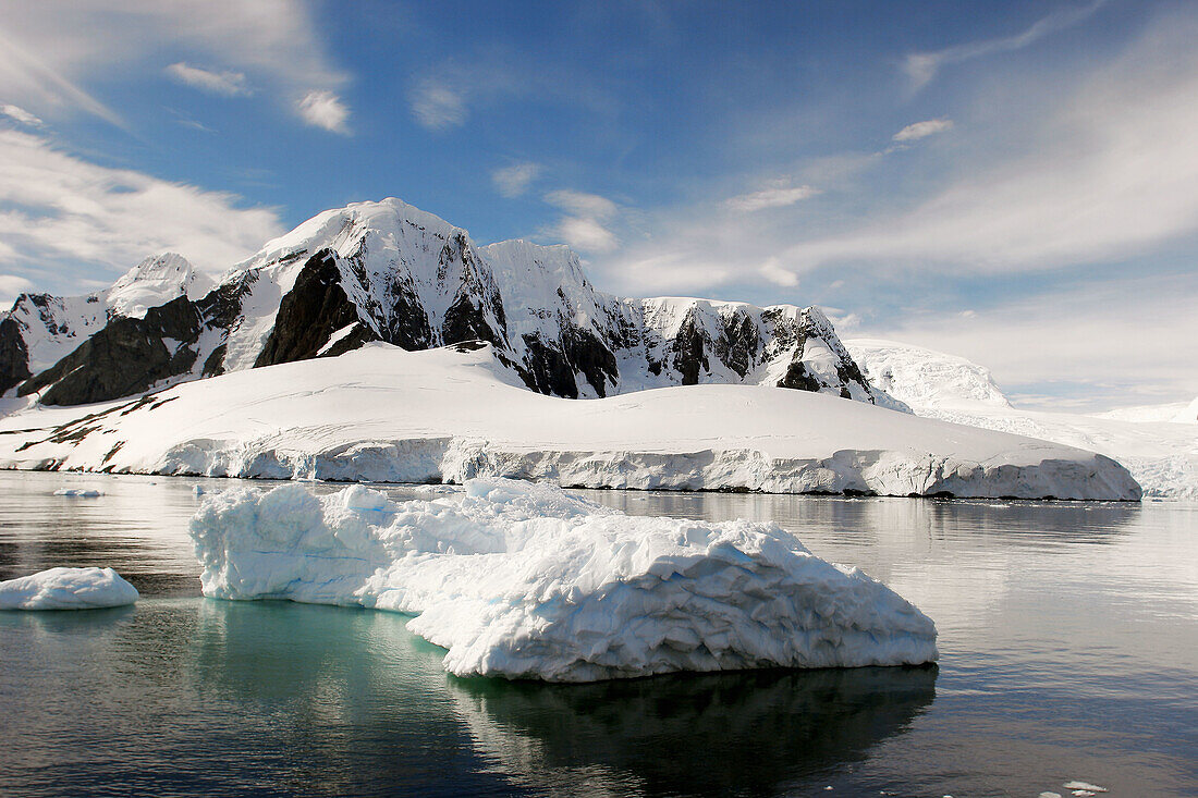 Reflections and snow covered mountains in Lemaire Channel in Antarctica