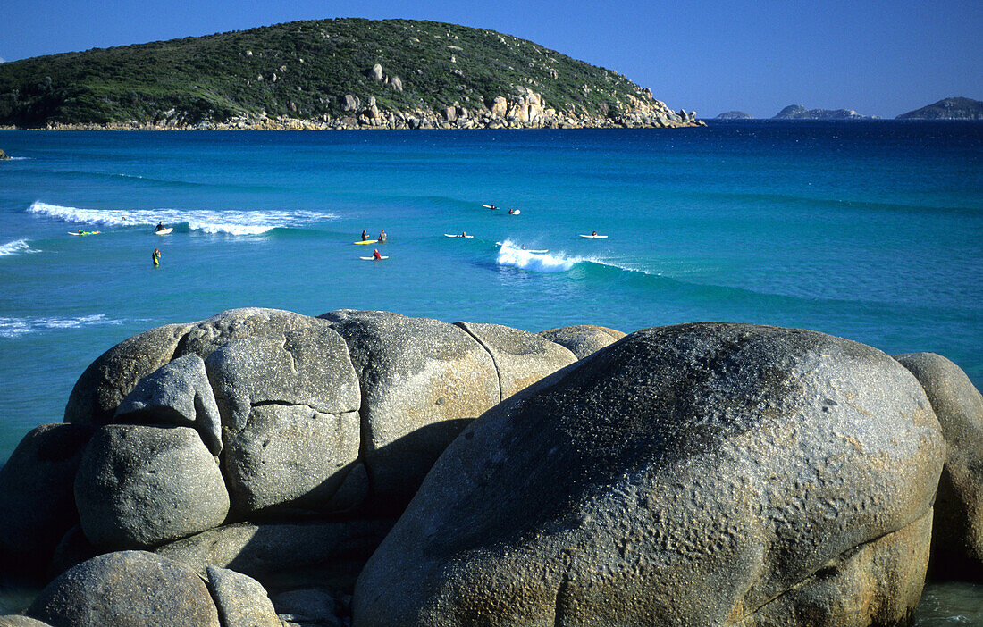 Surfers waiting for waves in Whisky Bay, Wilsons Promontory National Park, Victoria, Australia