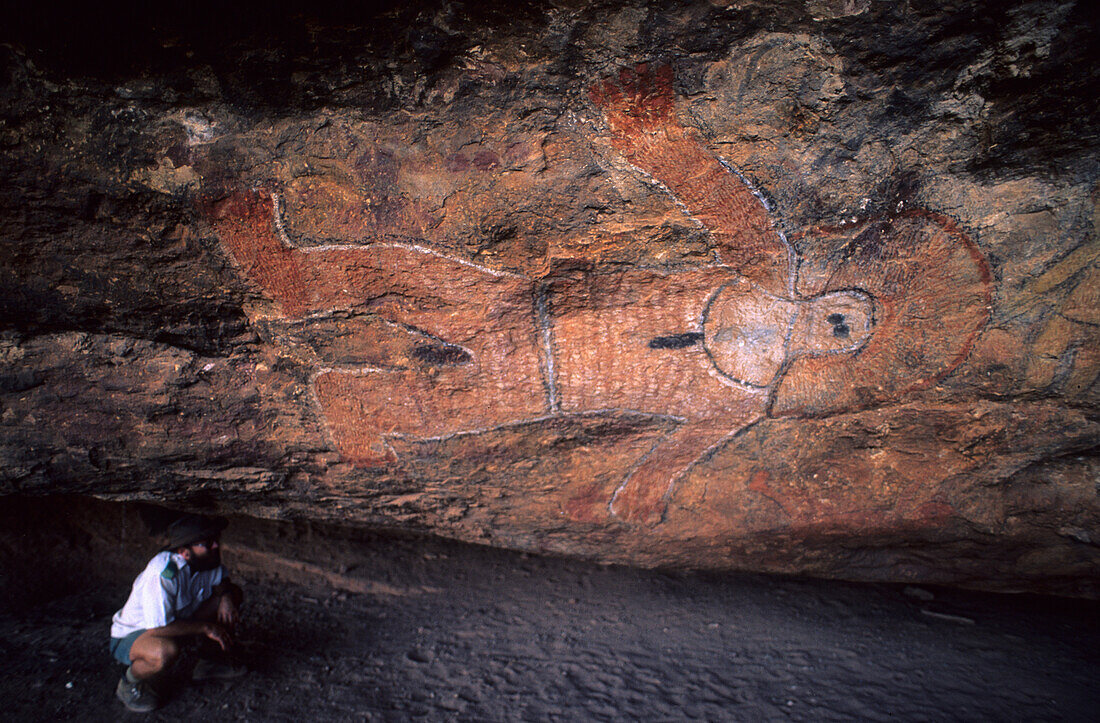 Aboriginal art site with a Wandjina painting in the Napier Range, Windjana Gorge National Park, Western Australia, Australia