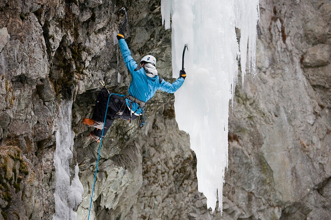Eisklettern in Pontresina, ein Mann klettert an einem gefrorenen Wasserfall an einem grossen Eiszapfen in einer Schlucht, Graubünden, Schweiz, MR