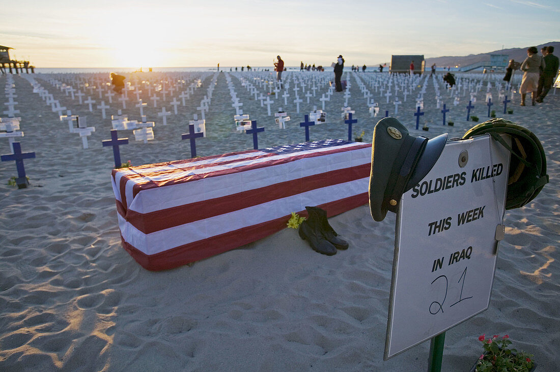 Memorial for irak war dead at santa monica beach, Santa Monica Pier , Los Angeles, California, USA