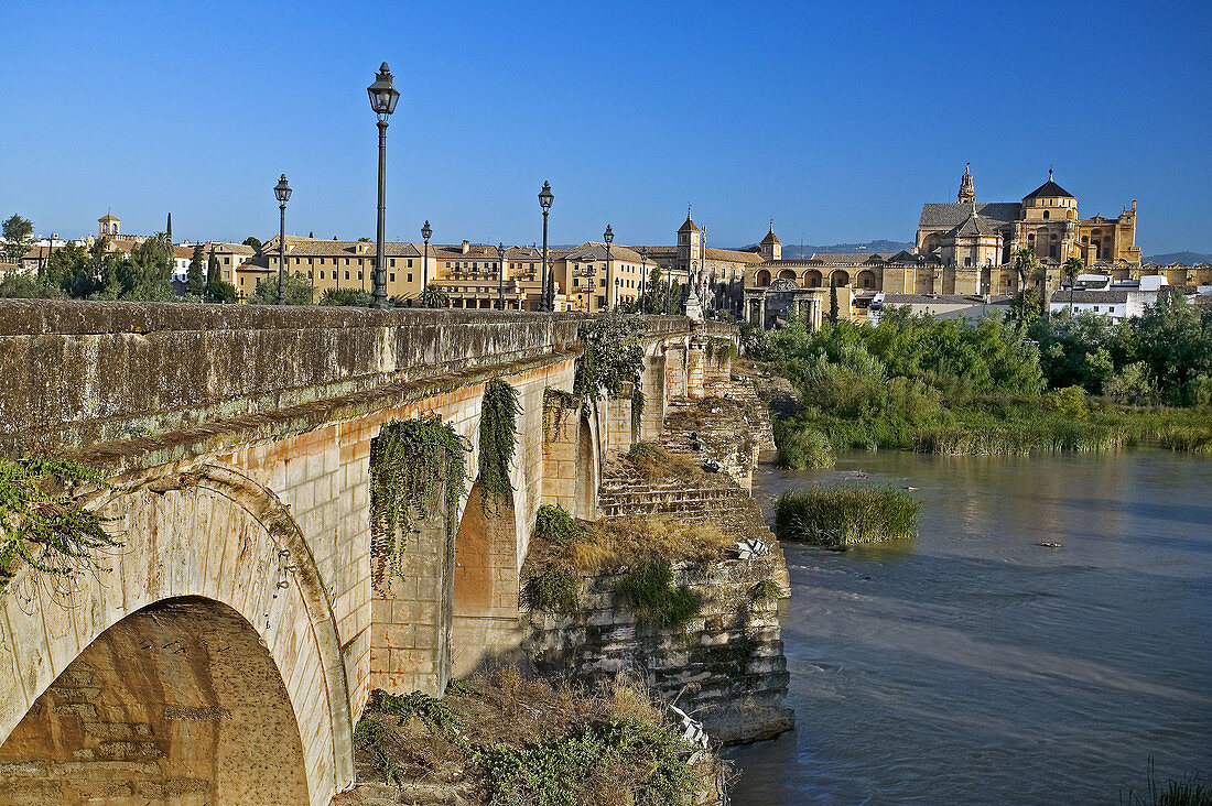 Roman bridge over Guadalquivir river with Great Mosque in background. Cordoba. Andalusia, Spain