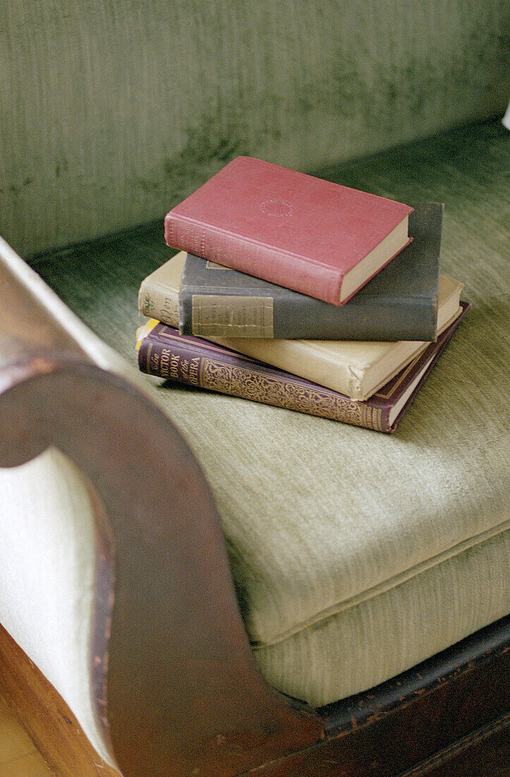 Books piled up in a sofa.